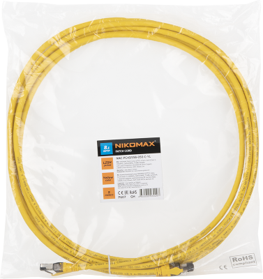 Коммутационный шнур NIKOMAX S/FTP 4 пары, Кат.8 (Класс I), 2000МГц, 2хRJ45/8P8C, T568B, заливной, с защитой защелки, многожильный, BC (чистая медь), 24AWG (7х0,195мм), полимерный материал, исполнение кабельного изделия нг(А)-HF, желтый, 1м