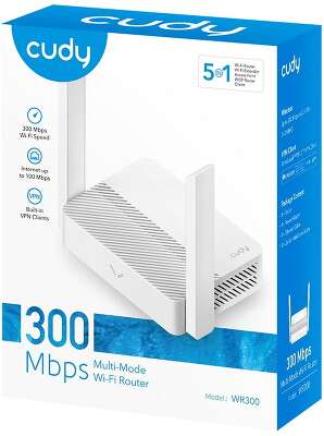 Маршрутизатор CUDY WR300 N300 Wi-Fi Router, Chipset MediaTek, 802.11b/g/n,300Mbps at 2.4GHz, 4 Ч 10/100Mbps Ports, 2 Ч 5dBi fixed antennas, WiFi router/AP/ Repeater/WISP Mode, Guest network, WPS, DDNS, VPN Client, IPv6, Cudy APP
