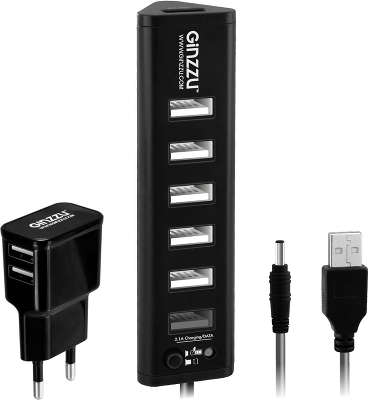 Концентратор USB 2.0/3.0 HUB Ginzzu GR-315UAB, USB3.0 + 6xUSB2.0 (1x2.1A)+адаптер