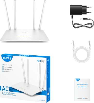 Маршрутизатор CUDY AC1200 Wi-Fi Router Dual Band, Chipset MediaTek, 802.11ac/a/b/g/n, 867Mbps at 5GHz + 300Mbps at 2.4GHz, 5 × 10/100Mbps Ports, WiFi router/AP/ Repeater/WISP Mode,4 5dBi fixed antennas, WPA3, Guest network, WPS, DDNS, VPN Client, IPv6,TR0