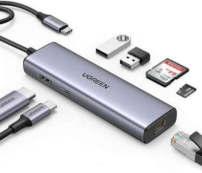 Конвертер UGREEN CM512 (90568) 7-in-1 USB-C to 2*USB3.0+HDMI+RJ45+SD&TF +PD Port Converter. Цвет: серый