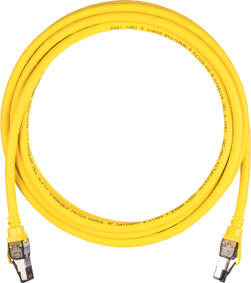 Коммутационный шнур NIKOMAX S/FTP 4 пары, Кат.8 (Класс I), 2000МГц, 2хRJ45/8P8C, T568B, заливной, с защитой защелки, многожильный, BC (чистая медь), 24AWG (7х0,195мм), полимерный материал, исполнение кабельного изделия нг(А)-HF, желтый, 3м