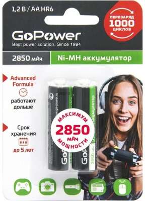 Комплект аккумуляторов AA GoPower 2850мАч (2 шт. в блистере) 00-00015318