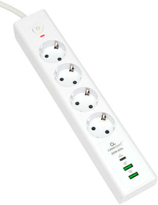 Сетевой фильтр Cablexpert Exnovo EXN-4-CU2-W-2 белый, Макс мощность 2500Вт, 3 розетки 220В, 10А, 2 розетки USB-A 5В, 1 розетка USB-C 30Вт PD, кабель 2м, ур.защиты 4+, коробка