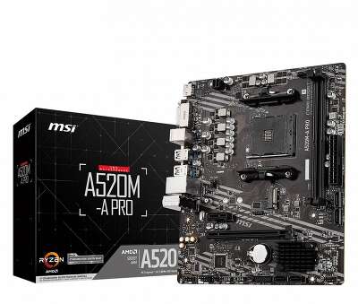 Материнская плата MSI A520M-A PRO A520, AM4, 2*DDR4, 1*PCIEx16, 1*PCIEx1, 1*M.2, 6*USB3.2Gen1, 6*USB2.0, 4*SATA3.0, 1G, DVI, HDMI, M-ATX, RTL