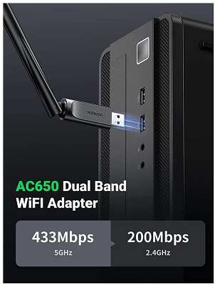 Адаптер двухдиапазонный UGREEN CM496 (90339) AC650 High-Gain Dual Band Wireless USB Adapter. черный