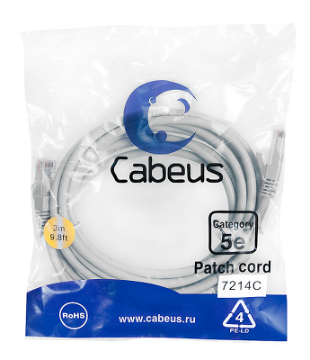 Cabeus PC-UTP-RJ45-Cat.5e-3m Патч-корд U/UTP, категория 5е, 2xRJ45/8p8c, неэкранированный, серый, PVC, 3м