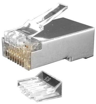 Разъем Hyperline RJ-45(8P8C) под витую пару, категория 6 (50 µ"/ 50 микродюймов), экранированный, универсальный (для одножильного и многожильного кабеля), со вставкой (100 шт)