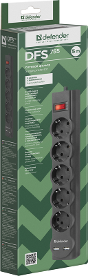 Сетевой фильтр Defender DFS 755 5,0 м, 5 розеток, 2xUSB, 2.1A