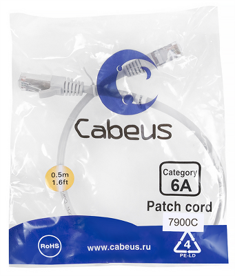 Патч-корд S/FTP, категория 6а (10G), 2xRJ45/8p8c, серый, LSZH, 0.5м Cabeus PC-SSTP-RJ45-Cat.6a-0.5m-LSZH Патч-корд S/FTP, категория 6а (10G), 2xRJ45/8p8c, экранированный, серый, LSZH, 0.5м