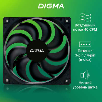 Вентилятор DIGMA DFAN-120-9, 120 мм, 1200rpm, 23 дБ, 3-pin+4-pin Molex, 1шт