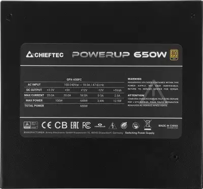 Блок питания Chieftec ATX 650W PowerUp GPX-650FC 80+ gold (20+4pin) APFC 120mm fan 9xSATA Cab Manag RTL