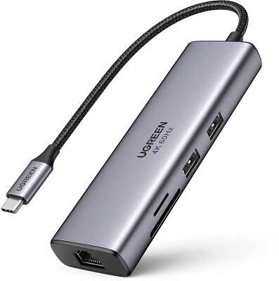 Конвертер UGREEN CM512 (90568) 7-in-1 USB-C to 2*USB3.0+HDMI+RJ45+SD&TF +PD Port Converter. Цвет: серый