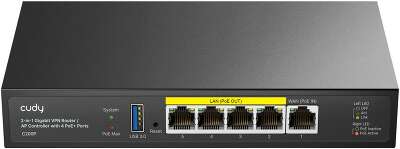 Маршрутизатор CUDY C200P 2-IN-1 SMB Router / AP Controller, 1 Gigabit Ethernet + 4 Gigabit PoE+ PSE Ports + 1 USB 3.0, PSE output up to 30Watts per port, support AP Management, Multi-SSID, Captive Portal, Zerotier/Wireguard/OpenVPN/IPSec/L2TP/PPTP VPN, DN
