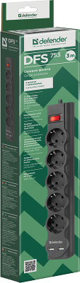 Сетевой фильтр Defender DFS 753 3,0 м, 5 розеток, 2xUSB, 2.1A