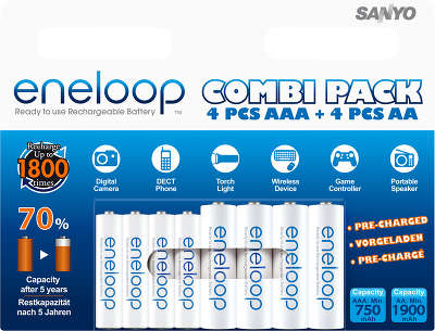 Комплект аккумуляторов AA+AAA SANYO Eneloop HR-3UTGB-4UTGB-8BP 1900мАч (4AA+4AAA шт в блистере)