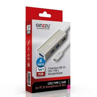 Концентратор USB 3.0 HUB Ginzzu GR-518UB TYPE C, 4 порта USB3.0, 20см кабель