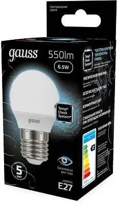 Лампа светодиодная Gauss 6.5Вт цок.:E27 шар 220B св.свеч.бел.нейт. P45 (упак.:10шт) (105102207)