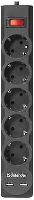 Сетевой фильтр DEFENDER DFS 755 черный (5м, 5 розеток, 10A, 2xUSB) (99755)