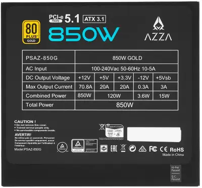 Блок питания Azza ATX 850W PSAZ-850G Gen.5 80+ gold (20+4pin) APFC 120mm fan 6xSATA Cab Manag RTL