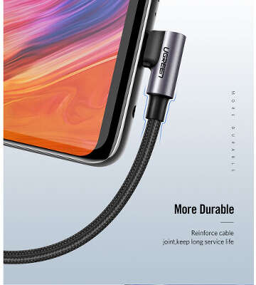 Кабель угловой UGREEN US284 (50941) Angled 90° USB-C Male to USB2.0 A Male 3A Data Cable.  Длина 1 м. Цвет: серый космос