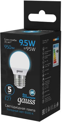 Лампа светодиодная Gauss 105102310 9.5Вт цок.:E27 шар 220B св.свеч.бел.хол. (упак.:10шт)