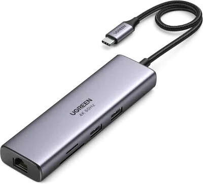 Адаптер Ugreen CM512 USB-C to to HDMI/2xUSB 3.0/USB-C PD/LAN/SD, Grey [60515]