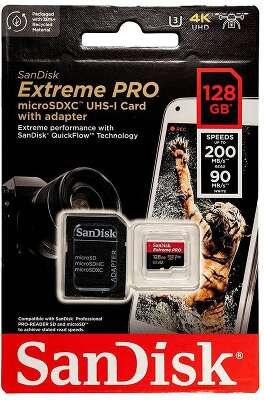 Флеш карта microSD 128GB SanDisk microSDXC Class 10 UHS-I A2 C10 V30 U3 Extreme Pro (SD адаптер) 200MB/s