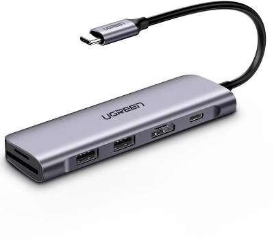 Хаб UGREEN CM195 (70411) 6-in-1 USB-C to 2 Ports USB3.0-A Hub + HDMI + TF/SD with PD. Цвет: серый космос