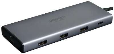 Конвертер UGREEN CM639 (15534) Revodok Pro 10-in-1 8K@30Hz USB-C to 1*USB3.0&2*USB2.0&USB-C3.0&2*HDMI&RJ45 Gigabit&SD&TF&PD. Цвет: серый