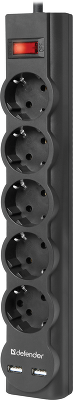 Сетевой фильтр Defender DFS 755 5,0 м, 5 розеток, 2xUSB, 2.1A