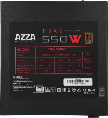Блок питания Azza ATX 550W PSAZ-550W 80+ bronze (20+4pin) APFC 120mm fan 5xSATA RTL