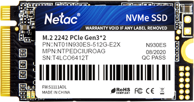 SSD накопитель Netac SSD N930ES 512GB PCIe 3 x2 M.2 2242 NVMe 3D NAND, R/W up to 1650/1500MB/s, IOPS(R4K) 180K/200K, TBW 300TB, 3y wty