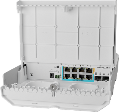 Уличный коммутатор MikroTik netPower Lite 7R with 8 x Gigabit Ethernet ports (7 with Reverse POE-in, 1 with PoE-OUT), 2 x SFP+ cages, SwitchOS, outdoor enclosure, mounting kit (power supply NOT included)