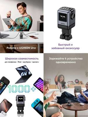 Зарядное устройство UGREEN X688 (45515B) UNO 100W 4-Port GaN USB-A+3*USB-C Fast Charger EU. Цвет:серый