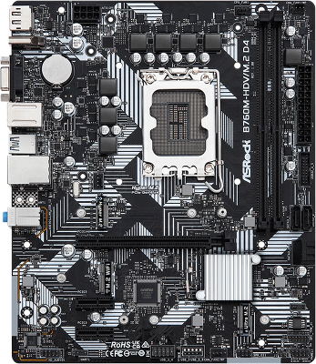 Материнская плата ASROCK B760M-HDV/M.2 D4, LGA1700, B760, 2*DDR4, 4*SATA, 2*M.2, 3*USB 3.2, 2*USB 2.0, Type-C, 1*PCIx16, 2*PCIx1, 1xM.2 (Key E), HDMI+D-Sub+DP, mATX