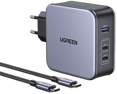 Сетевое зарядное устройство UGREEN CD289 (90549) Nexode 140W USB-A+2*USB-C GaN Fast Charger с кабелем USB-C - USB-C. Длина кабеля: 1,5м. Цвет: серый