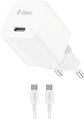 Сетевое зарядное устройство TTEC SmartCharger GAN 20W USB-C PD Travel Fast Charger с кабелем USB-C-USB-C 60W. Длина кабеля: 120см. Цвет: белый