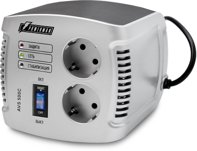 Стабилизатор POWERMAN AVS 500C, ступенчатый регулятор, 500ВА/280Вт, 150-280В, максимальный входной ток 4А, 2 евророзетки, IP-20, напольный, 151мм х 126мм х 123мм, 1.4 кг./ Stabilizer POWERMAN AVS 500C, step-type regulator, 500 VA / 280W, 150-280V, maximum
