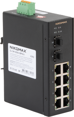 Неуправляемый промышленный коммутатор NIKOMAX, 8*10/100/1000Мбит/с PoE (af/at), 2*1Гбит/с SFP, крепление на DIN-рейку, 2*ввода питания, питание 44-57В (блок питания 240Вт поставляется отдельно), -40С +75С.