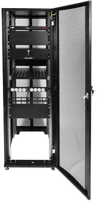 Шкаф серверный ЦМО (ШТК-СП-42.6.10-44АА-9005) напольный 42U 600x990мм пер.дв.перфор. задн.дв.перфор. 2 бок.пан. направл.под закл.гайки 1350кг черный 690мм 139кг 120град. 1950мм IP20 сталь с силовыми розетками укомплектованный