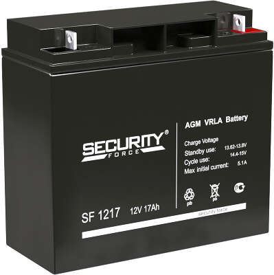 Батарея SECURITY FORCE серия SF, SF 1217, напряжение 12В, емкость 17Ач (разряд 20 часов), макс. ток разряда (5 сек.) 18А, макс. ток заряда 5.1А, свинцово-кислотная типа AGM, клеммы под гайку и болт M6, ДxШxВ 181х77х167мм., вес кг., срок службы 3-5 лет./ B
