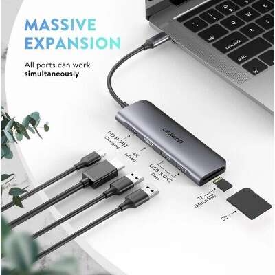 Хаб UGREEN CM195 (70411) 6-in-1 USB-C to 2 Ports USB3.0-A Hub + HDMI + TF/SD with PD. Цвет: серый космос