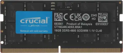 Память DDR5 16Gb 4800MHz Crucial CT16G48C40S5 RTL PC5-38400 CL40 SO-DIMM 288-pin 1.1В dual rank Ret