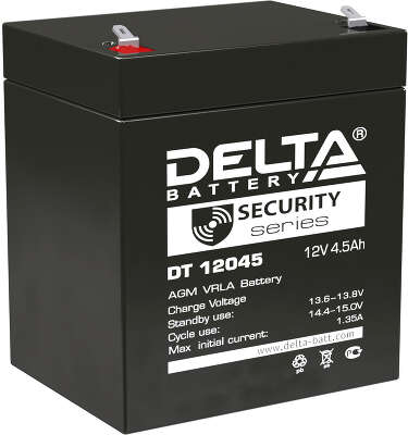 Батарея DELTA серия DT, DT 12045, напряжение 12В, емкость 4.5Ач (разряд 20 часов), макс. ток разряда (5 сек.) 67.5А, макс. ток заряда 1.35А, свинцово-кислотная типа AGM, клеммы F1, ДxШxВ 90х70х101мм., вес 1.55кг., срок службы 5 лет./ Battery DELTA series 