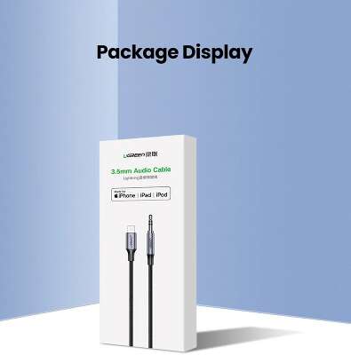 Кабель UGREEN US315 (70509) Lightning to 3.5mm Aux Cable Aluminum Shell в оплетке.Длина 1 м. Цвет: черный