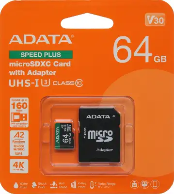 Карта памяти 64 Гб Micro SDXC ADATA Speed Plus, Class 10 UHS-I U3 V30 [UD64GUI3V30A2SP-RA1], с адаптером