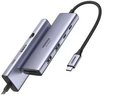 Конвертер UGREEN CM498 (15375) 9-in-1 USB-C to 2*USB3.0+2*USB-C+HDMI+RJ45+SD&TF +PD port Converter. Цвет:серый