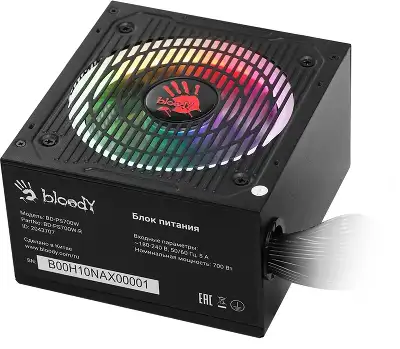 Блок питания Bloody ATX 700W BD-PS700W 80 PLUS WHITE (20+4pin) APFC 120mm fan color LED 6xSATA RTL