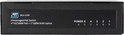 Коммутатор NETLAN, неуправляемый, 4*10/100Мбит/с PoE (af/at), 1*100Мбит/с RJ45, 1* DC52V/0.92A, PoE бюджет 48W